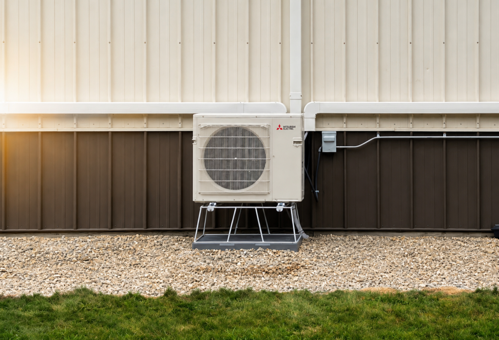 Outdoor air conditioning condenser unit mounted on the side of a beige and brown metal building, on a metal stand above gravel bits.